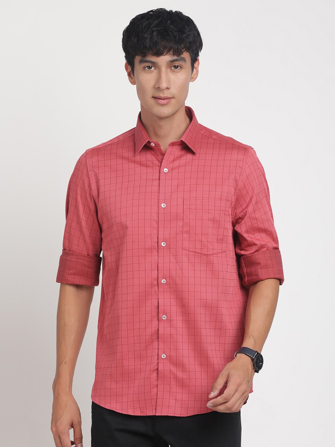 

Turtle Standard Grid Tattersall Checks Pure Cotton Formal Shirt, Coral