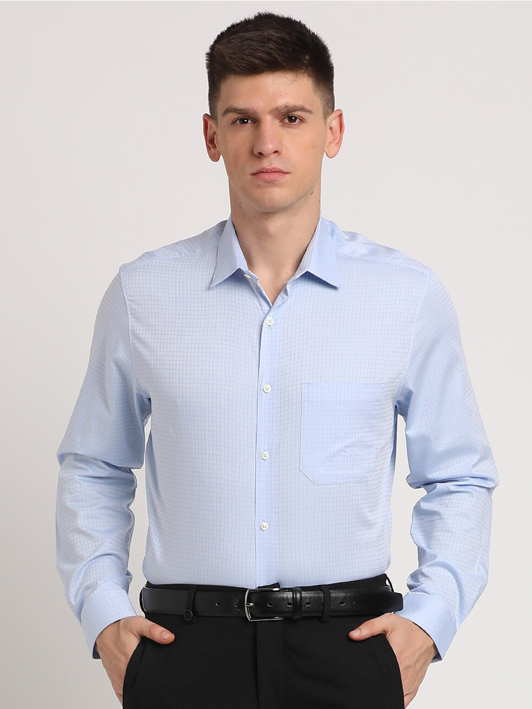 

Turtle Standard Grid Tattersall Checked Cotton Formal Shirt, Blue
