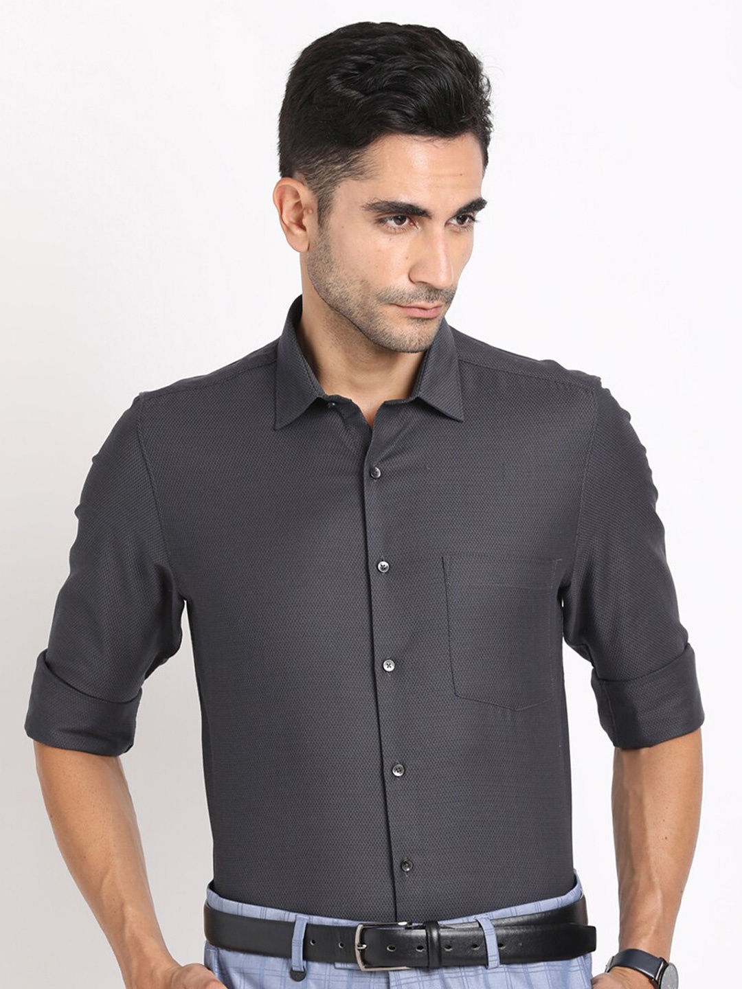 

Turtle Standard Self Design Pure Cotton Formal Shirt, Charcoal