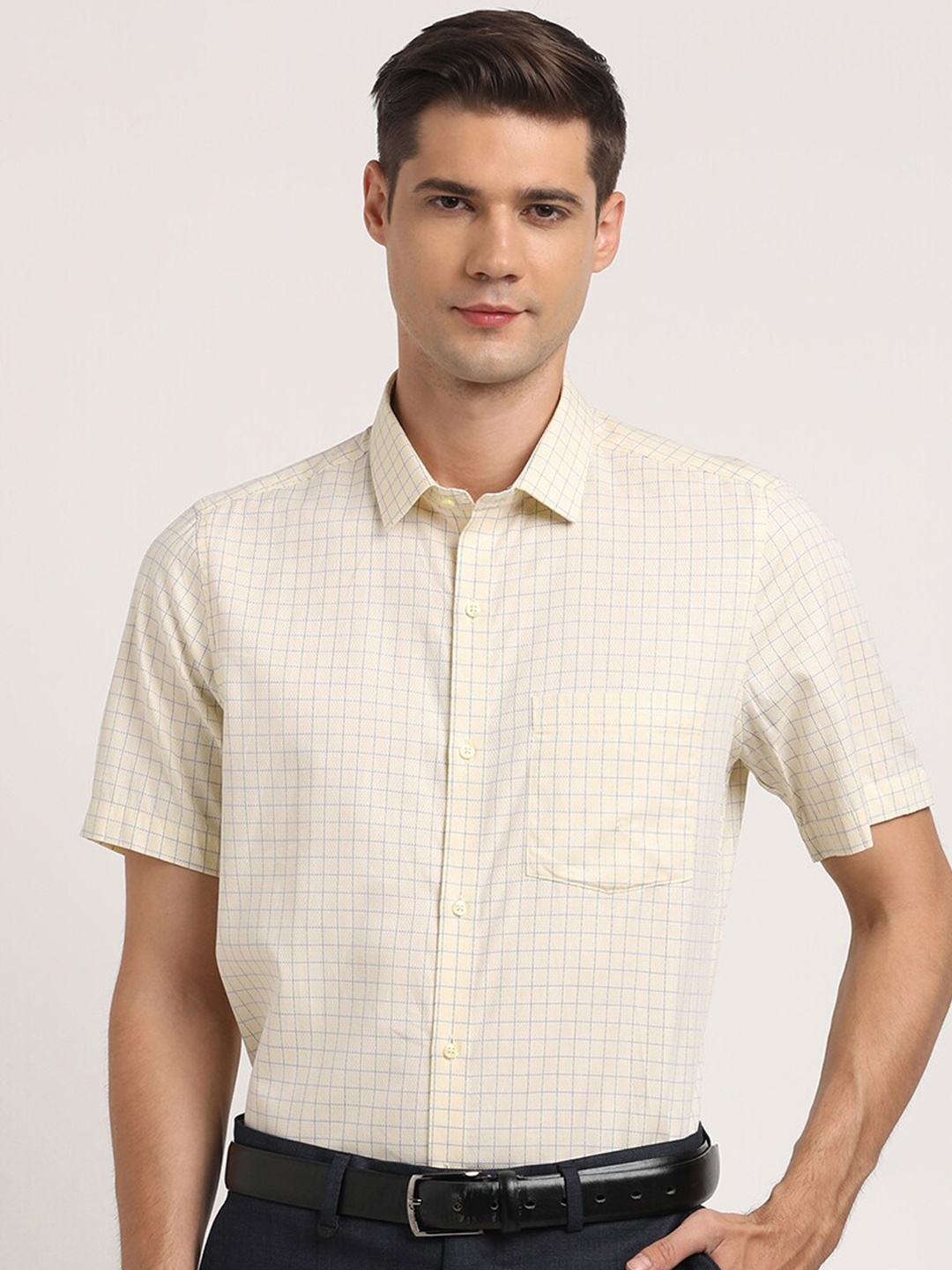 

Turtle Standard Grid Tattersall Checked Pure Cotton Formal Shirt, Cream