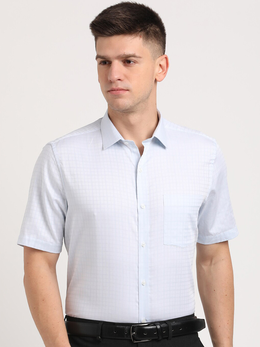 

Turtle Standard Grid Tattersall Checked Pure Cotton Formal Shirt, Blue