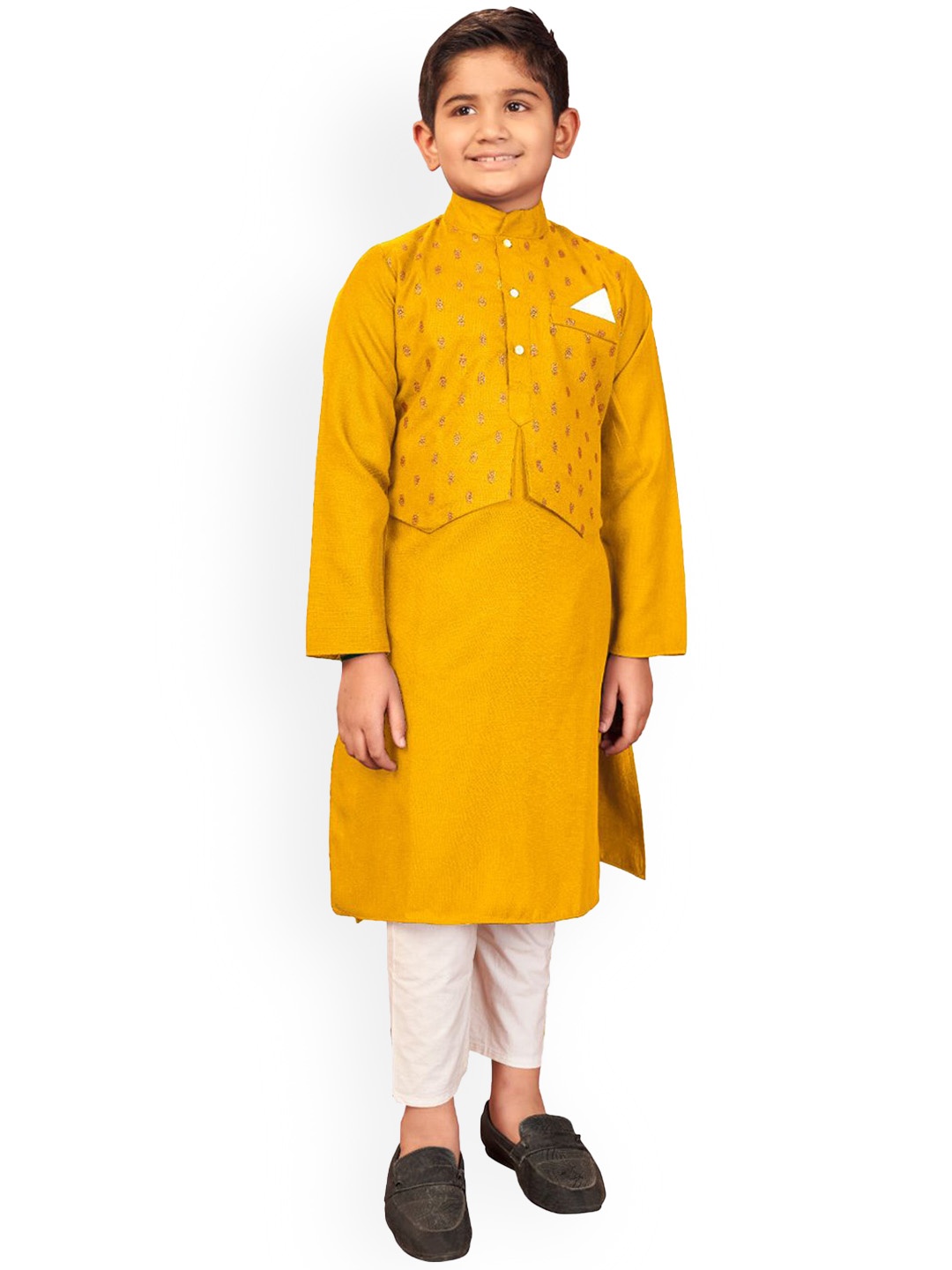 

PERFECTBLUE Boys Ethnic Motifs Woven Design Mandarin Collar Straight Kurta, Yellow