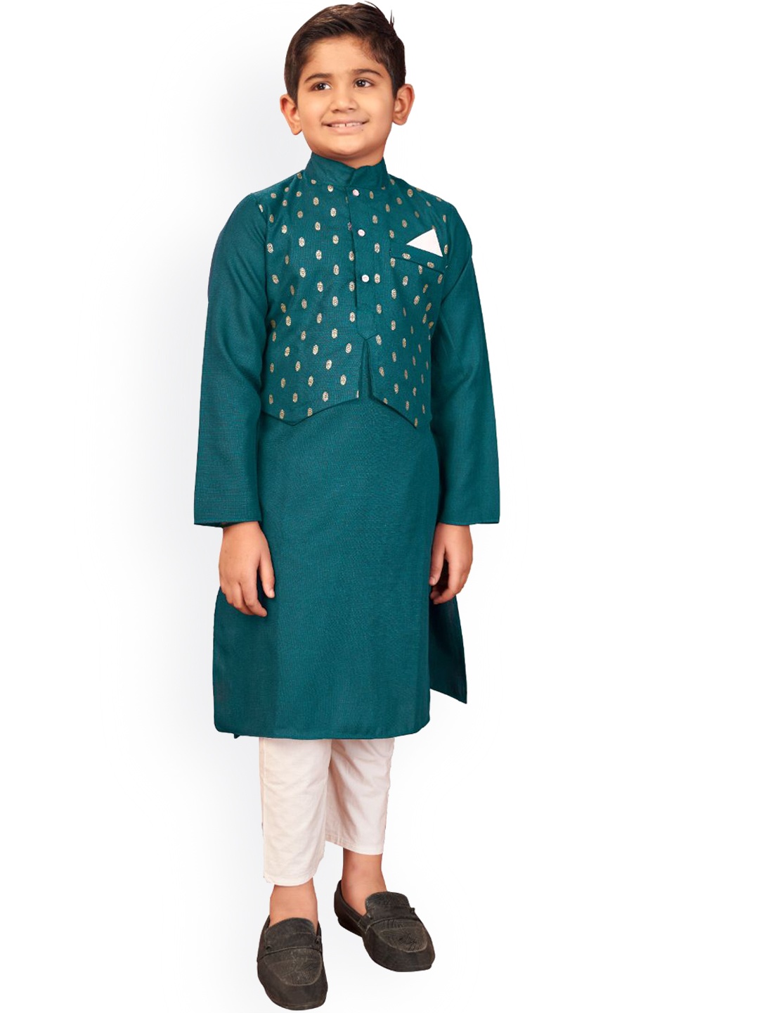 

PERFECTBLUE Boys Ethnic Motifs Woven Design Mandarin Collar Straight Kurta, Turquoise blue