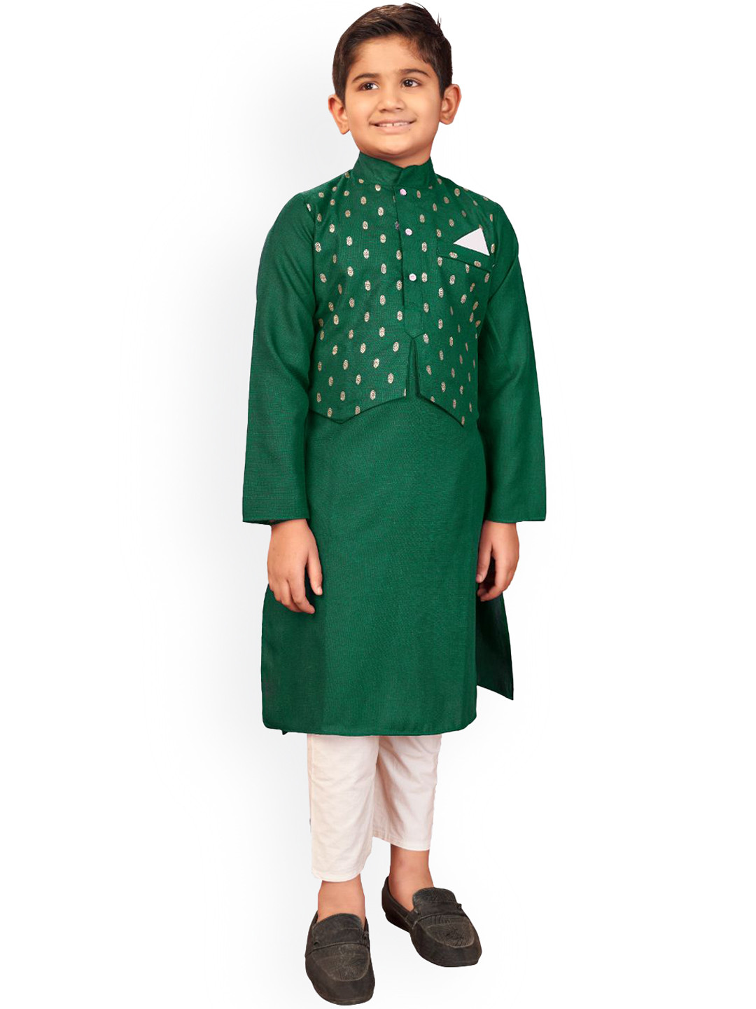 

PERFECTBLUE Boys Mandarin Collar Pure Cotton Kurta With Pyjamas & Jacket, Green