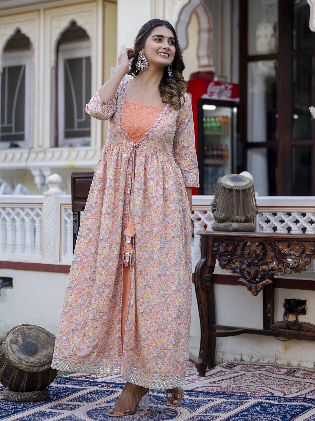

Nayo Floral Printed Maxi Fit & Flare Ethnic Dress, Peach