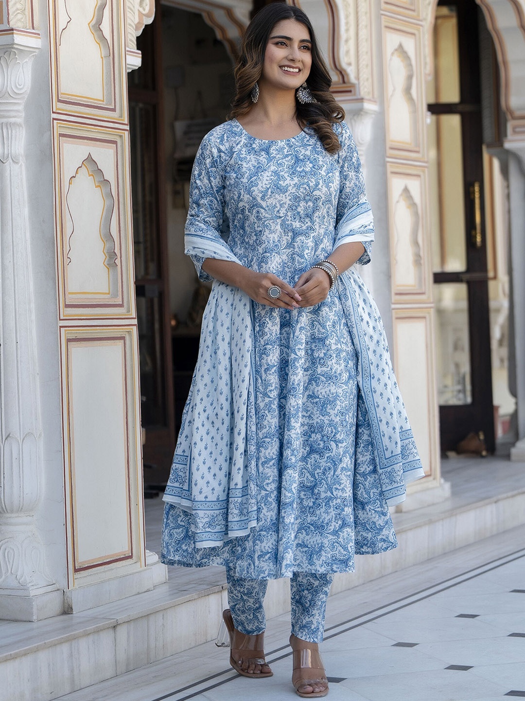 

Nayo Floral Printed Pure Cotton Anarkali Kurta With Trousers & Dupatta, Blue