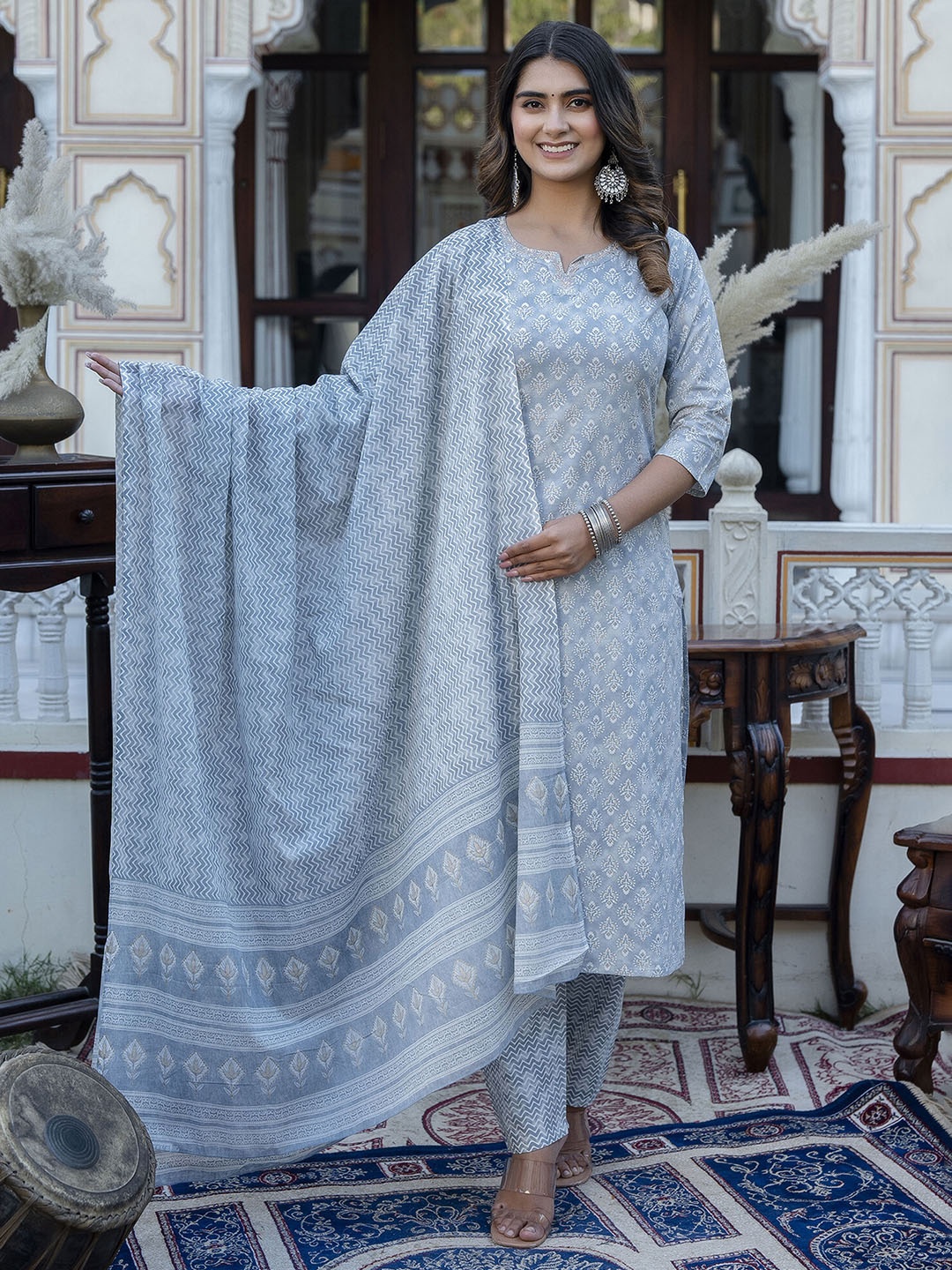 

Nayo Ethnic Motifs Printed Thread Work Pure Cotton Straight Kurta With Trousers & Dupatta, Grey