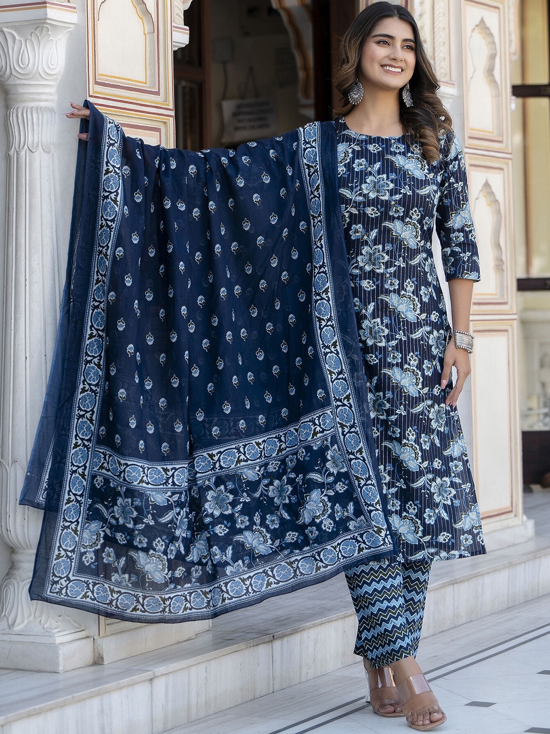 

Nayo Floral Printed Pure Cotton Straight Kurta With Trousers & Dupatta, Navy blue