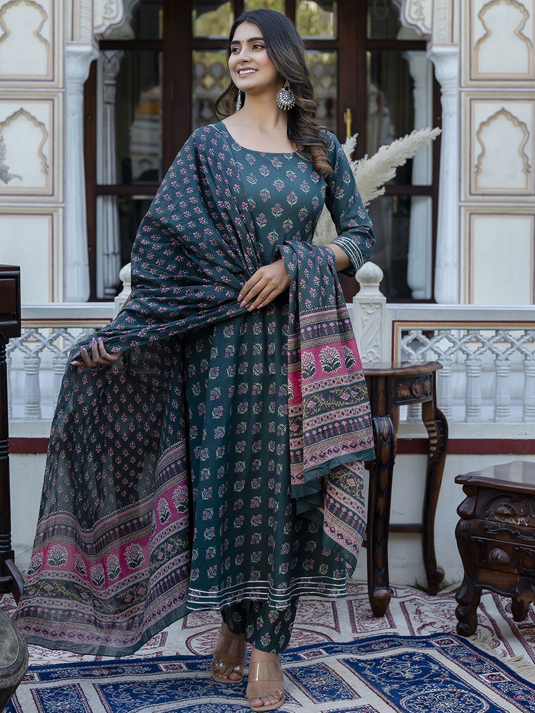 

Nayo Ethnic Motifs Printed Gotta Patti Pure Cotton Anarkali Kurta With Trousers & Dupatta, Green