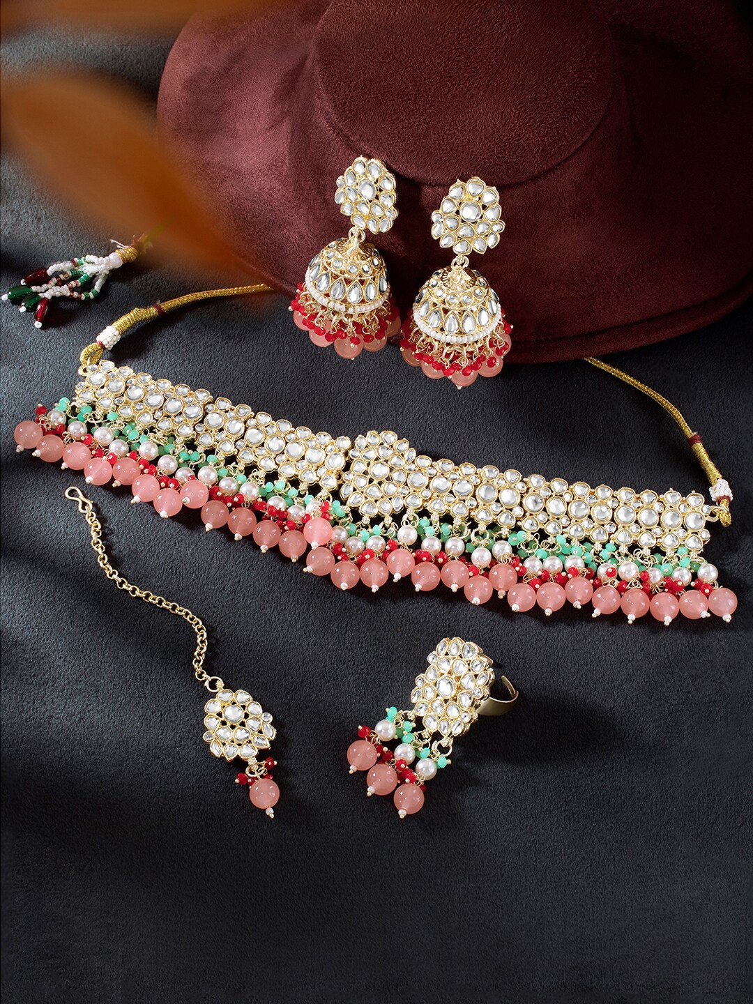 

Peora Gold-Plated Kundan Studded & Beaded Necklace and Earrings