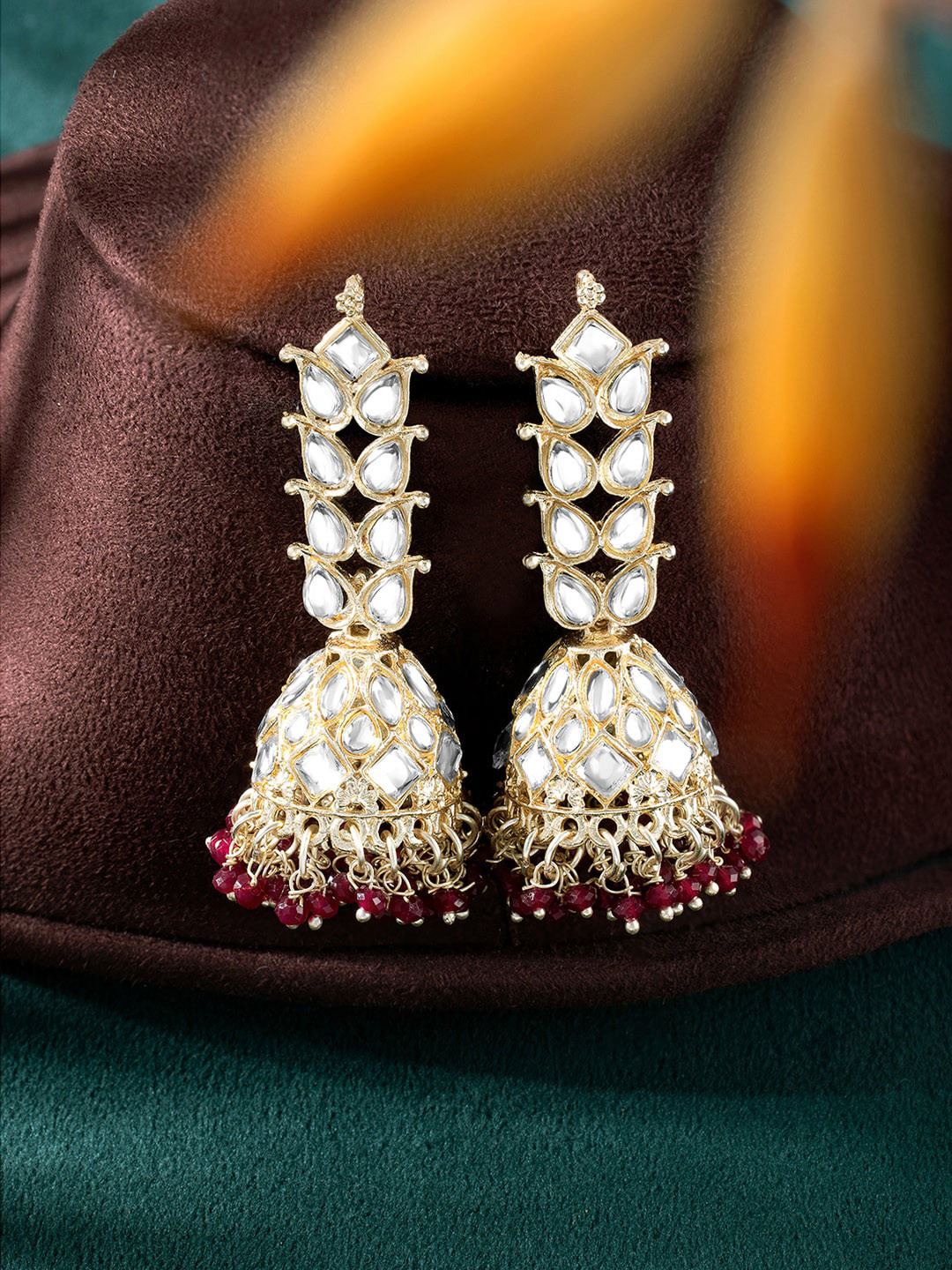 

Peora Gold-Plated Kundan-Studded & Beaded Dome Shaped Dangle Jhumkas