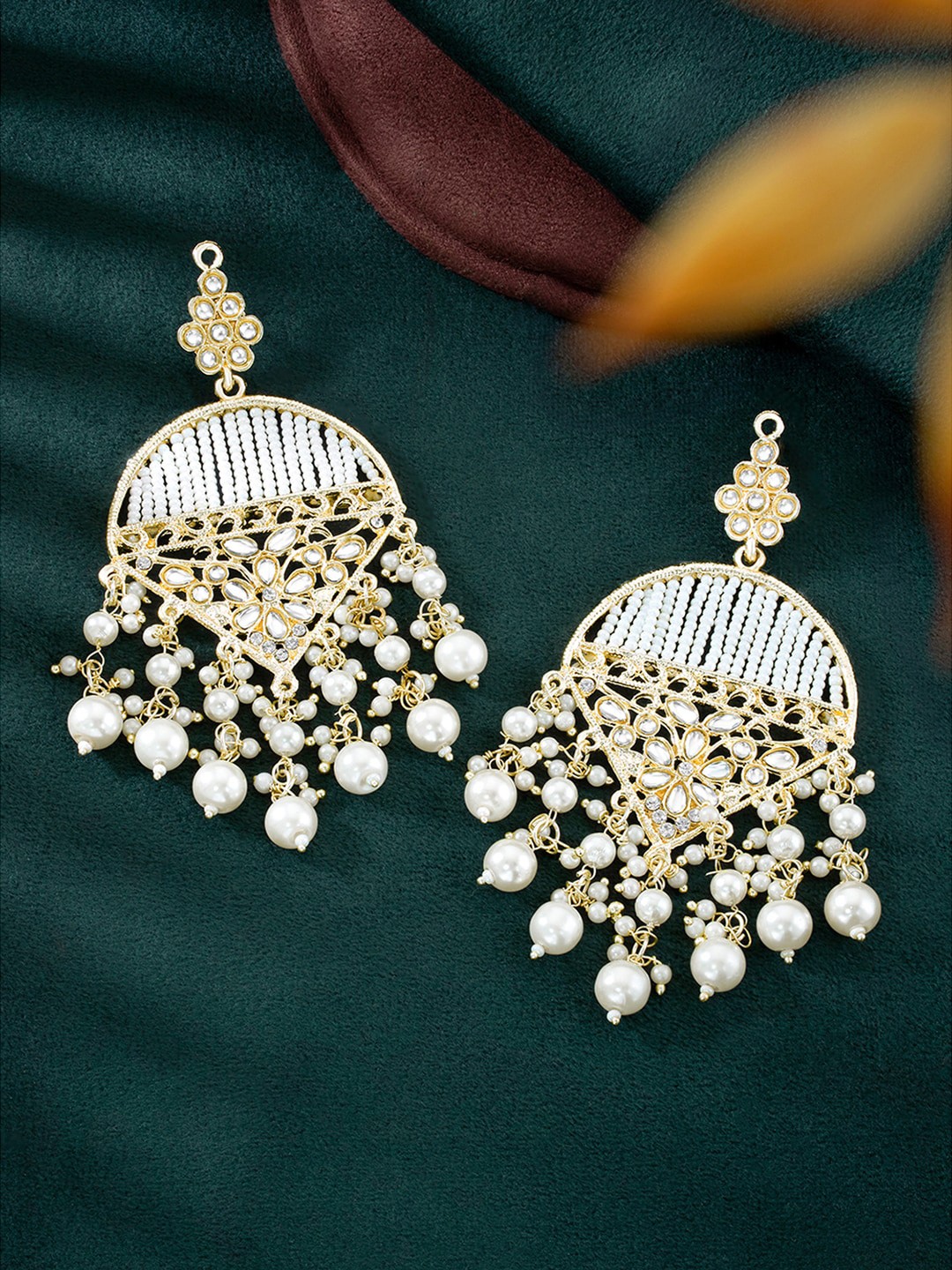 

Peora Gold-Plated Kundan-Studded & Beaded Dangle Drop Earrings
