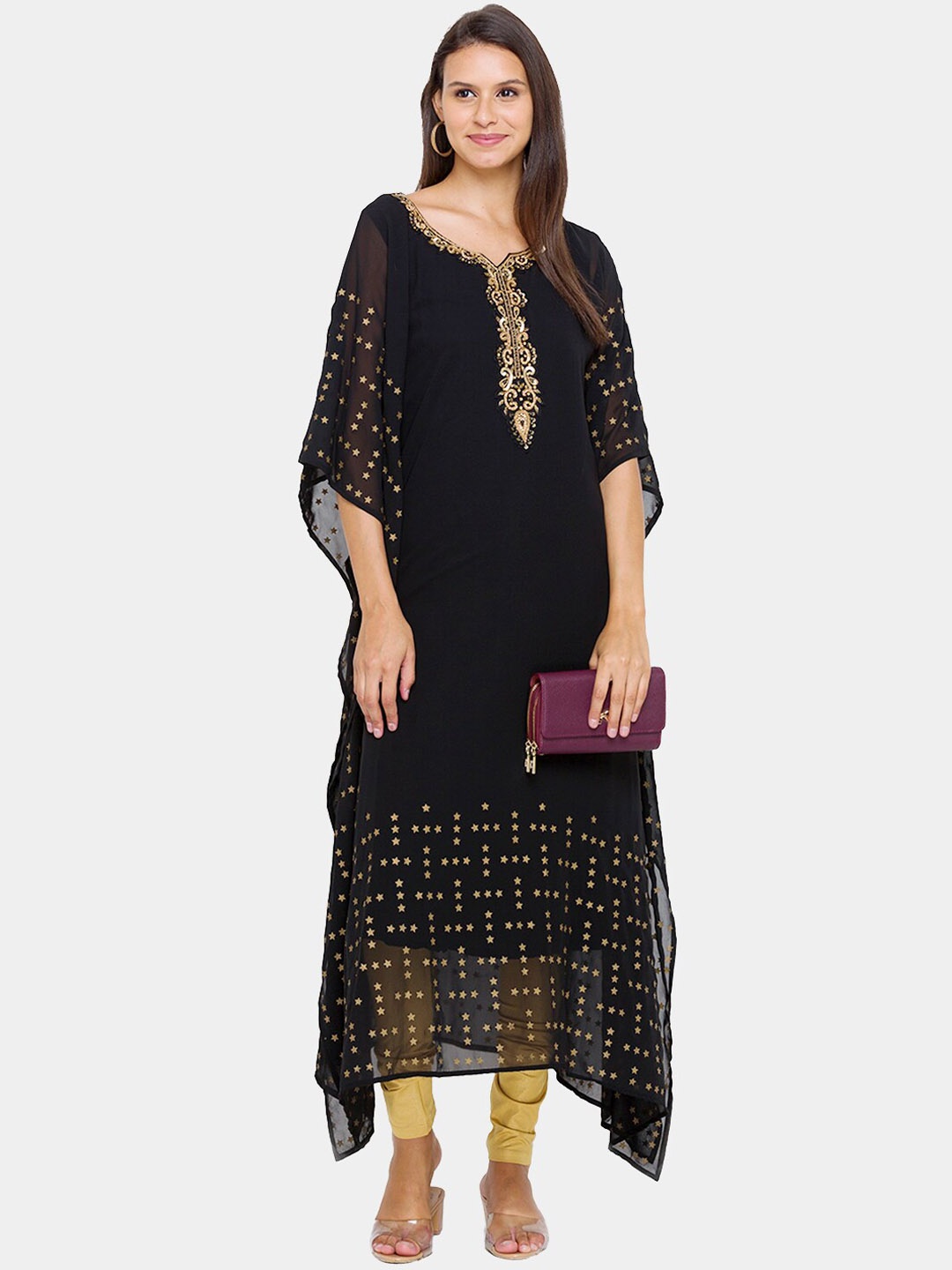 

ZOLA Geometric Printed Extended Sleeves Beads and Stones Georgette Kaftan Kurta, Black