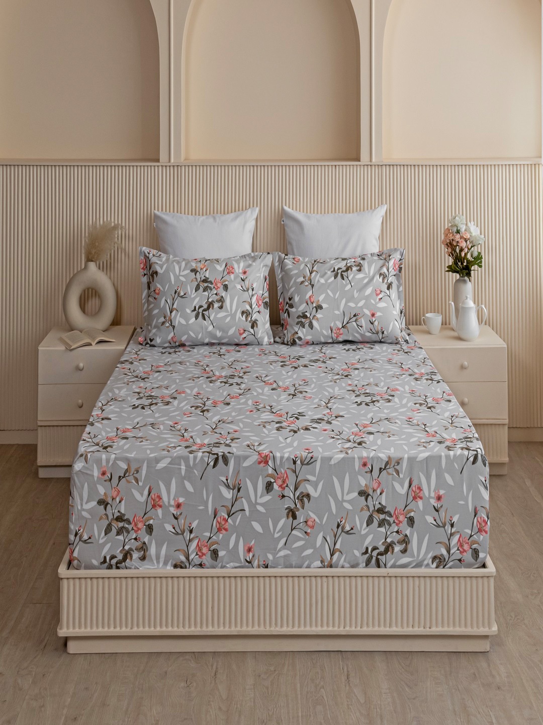 

HOMEMONDE Grey & Peach Printed Cotton 210 TC Fitted Single Bedsheet with 1 Pillow Cover