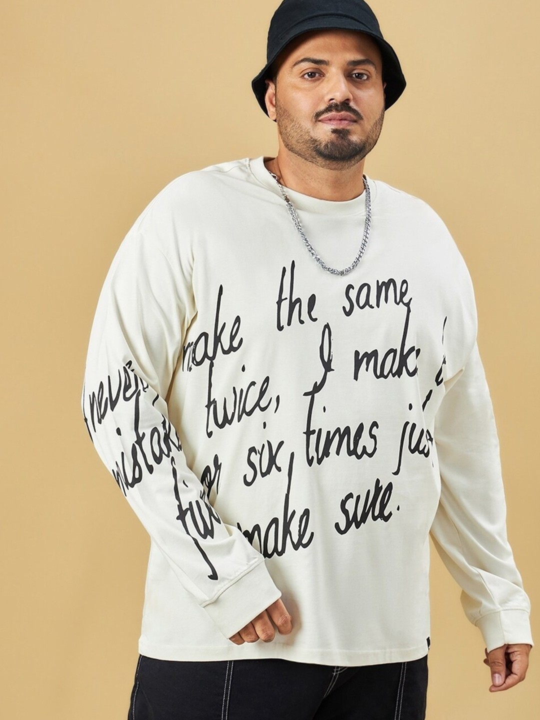 

Bewakoof Plus Aust Typography Printed Oversized Cotton Plus Size T-shirt, White