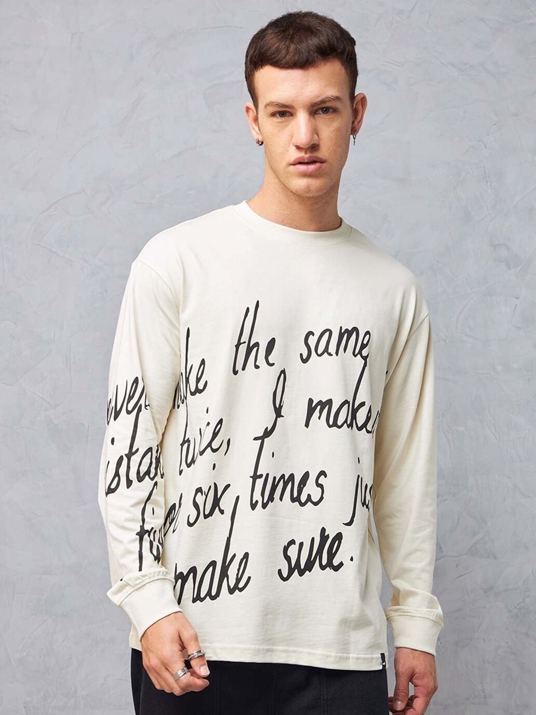 

Bewakoof Typography Printed Round Neck Long Sleeves Cotton Oversized T-shirt, White