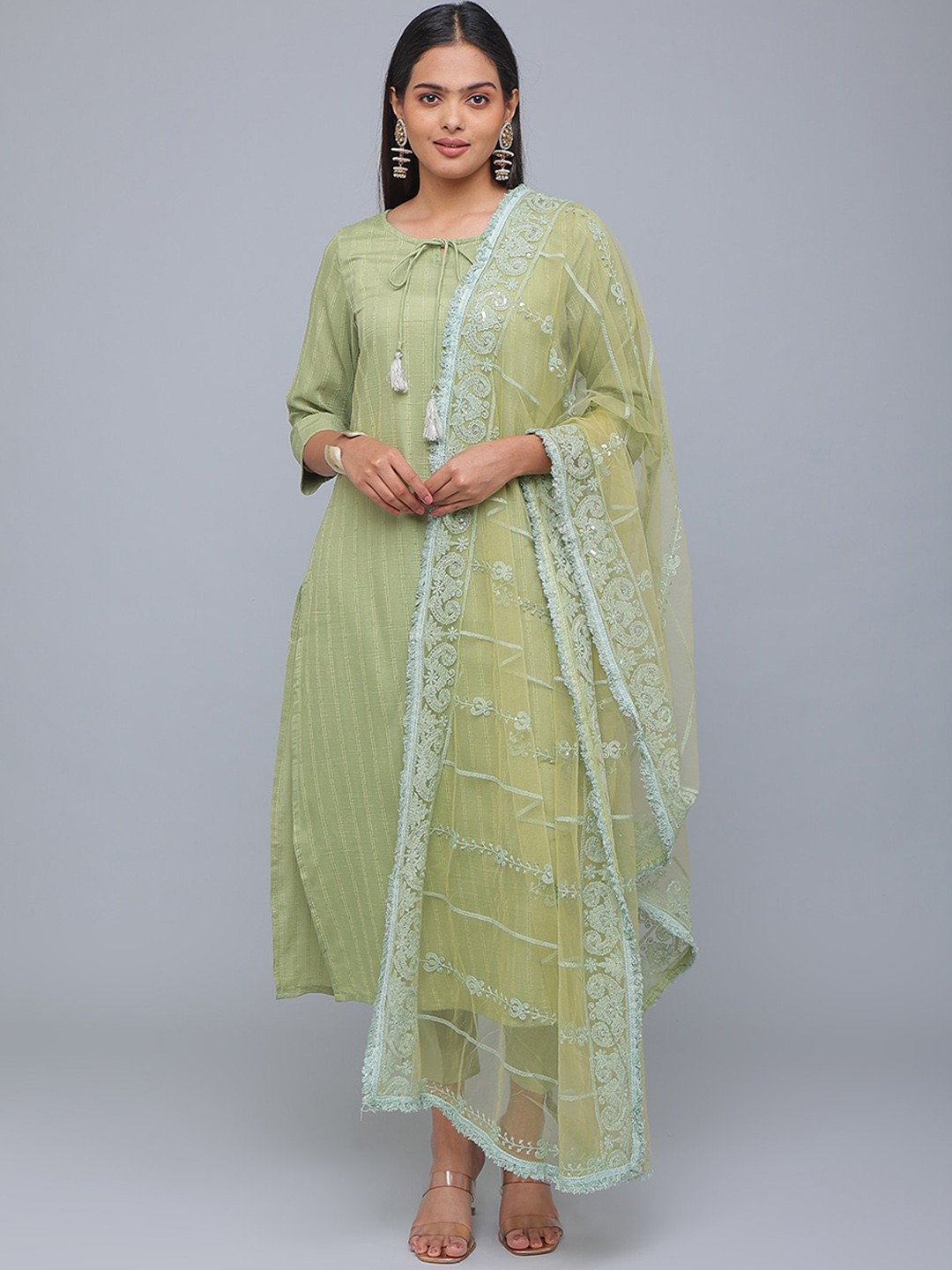 

Alena Striped Sequined Tie-Up Neck Chanderi Silk Straight Kurta With Trouser & Dupatta, Green