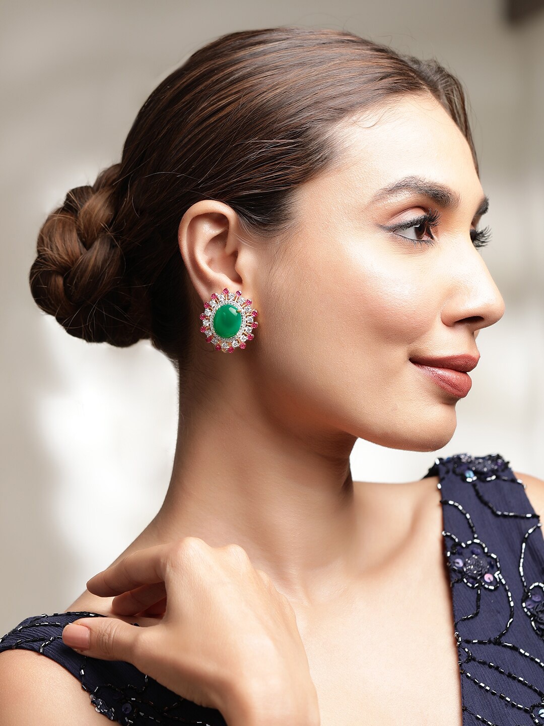 

Rubans Gold Plated Green and Pink Stone Studded CZ Earrings Stylish and Jewelry, Silver