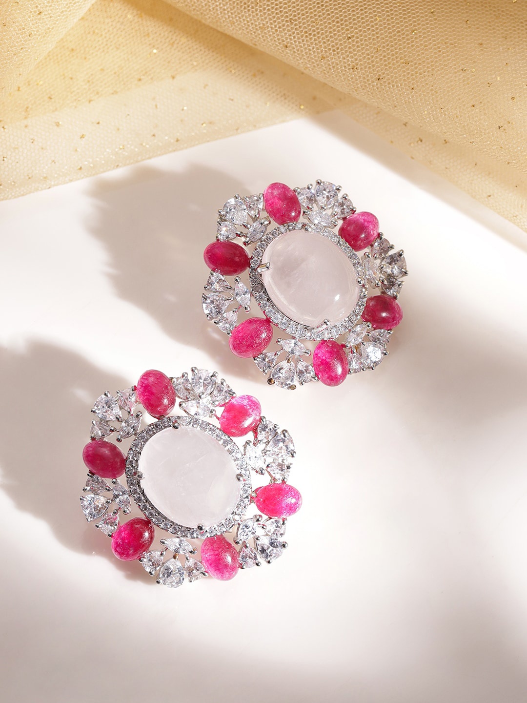

Rubans Rhodium Plated Premium Stud Earrings with Pink and Clear Gemstones & CZ Studded, Silver