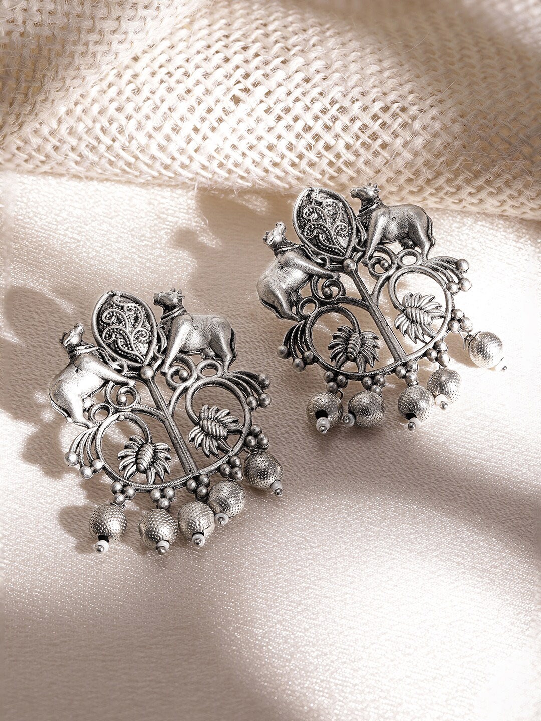 

Rubans Rhodium-Plated Oxidized Contemporary Drop Earrings, Silver