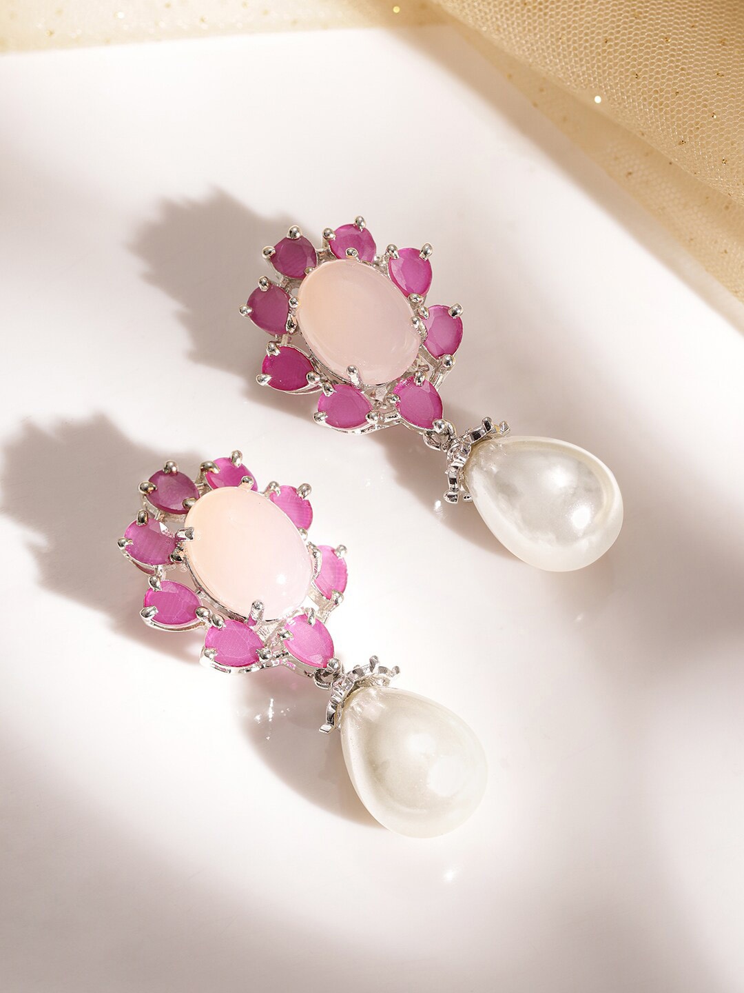 

Rubans Rhodium-Plated Pastel Pink & Dark Pink Gemstone with White Pearl Drop Earrings, Silver