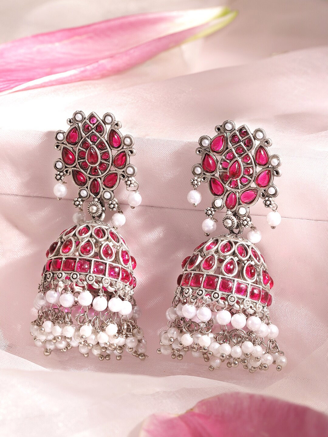 

Rubans Artificial Stones Rhodium Plated Jhumkas, Silver