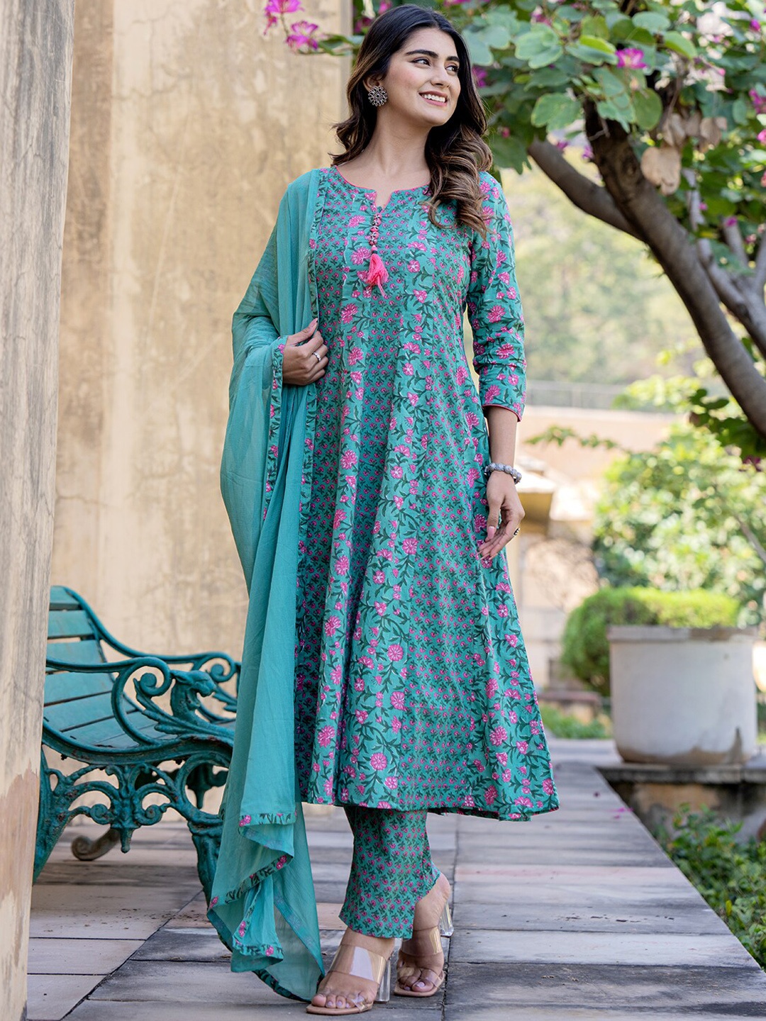 

Yufta Floral Printed Regular Sequinned Pure Cotton Kurta With Trousers & Dupatta, Sea green