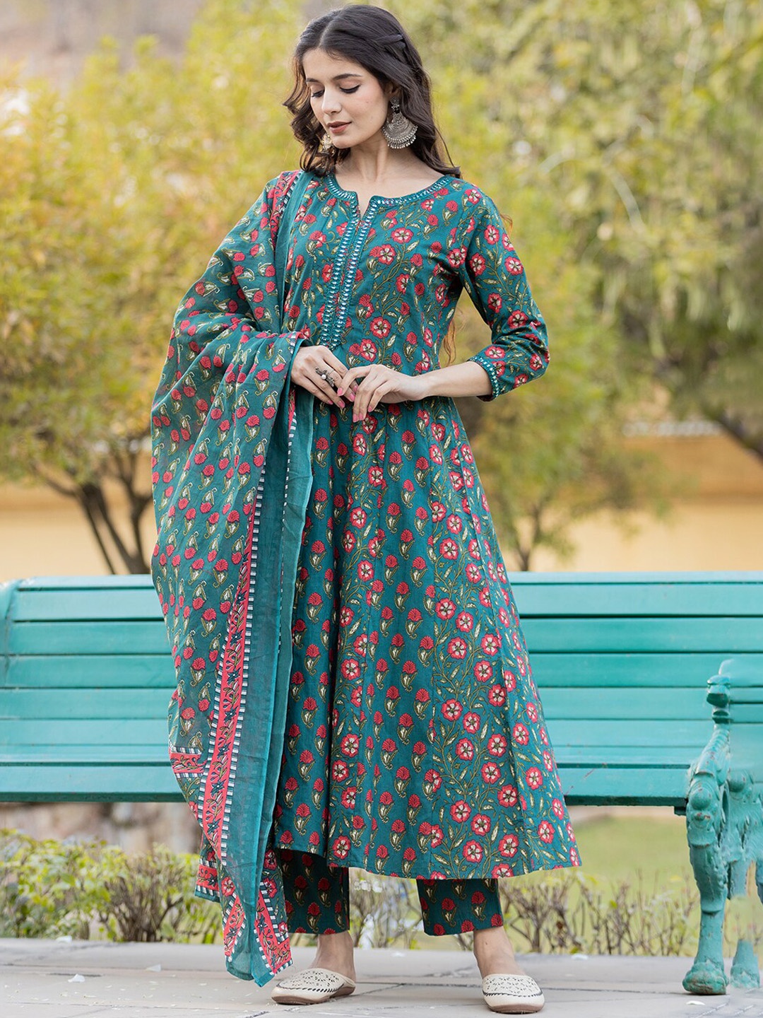 

Yufta Floral Printed Empire Mirror Work Pure Cotton Kurta With Trousers & Dupatta, Green