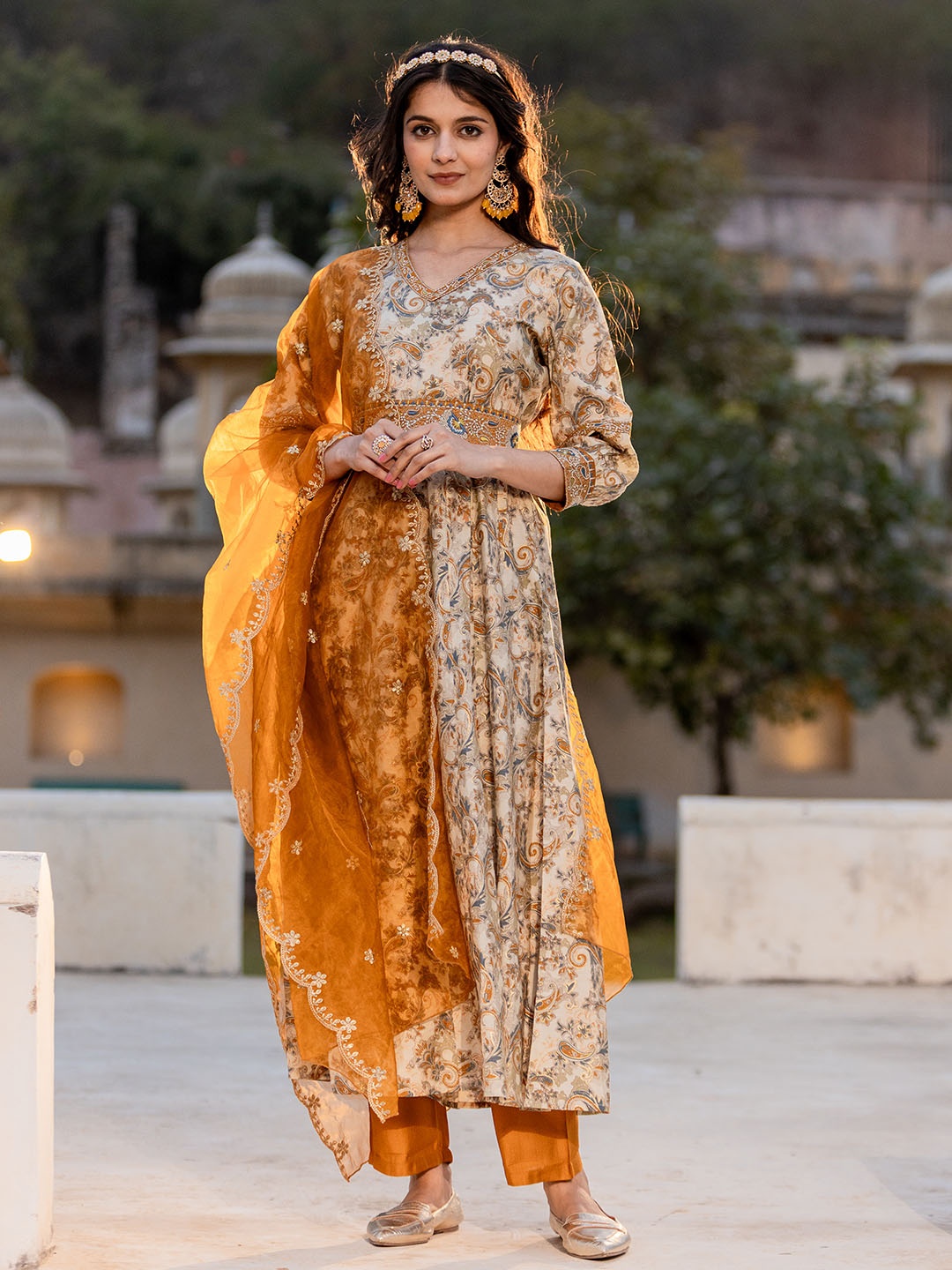 

Yufta Mustard Paisley Printed Empire Thread Work Anarkali Kurta With Trousers & Dupatta