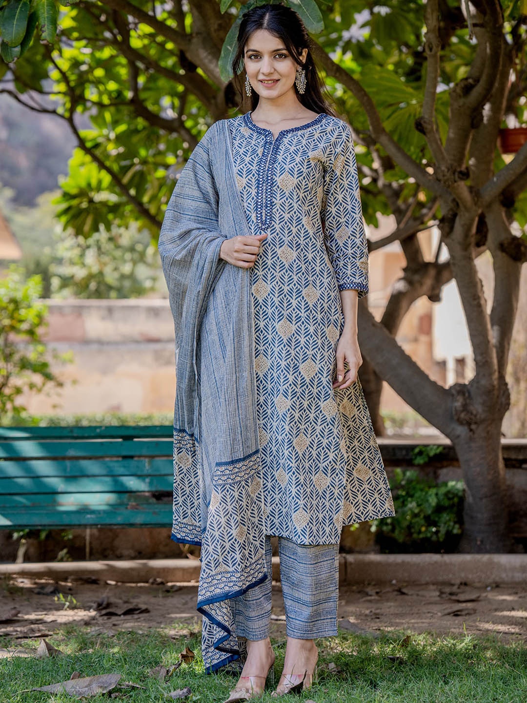 

Yufta Ethnic Motifs Embroidered Mirror Work Pure Cotton Kurta With Trousers & Dupatta, Blue
