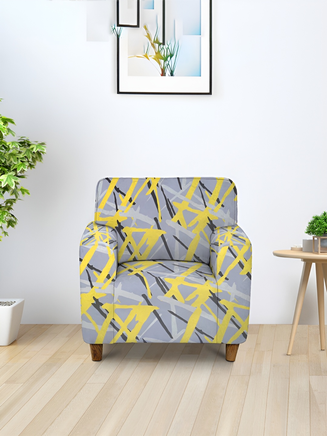 

Aura Grey & Yellow Printed Stretchable Sofa Cover With Arms