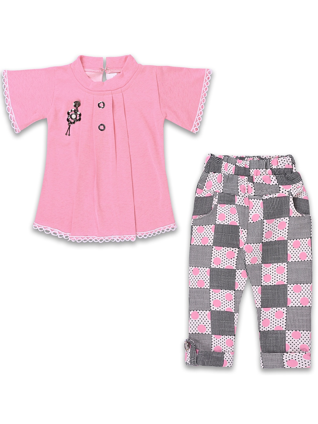 

Wish Karo Girls High Neck Satin Top With Checked Trouser, Pink