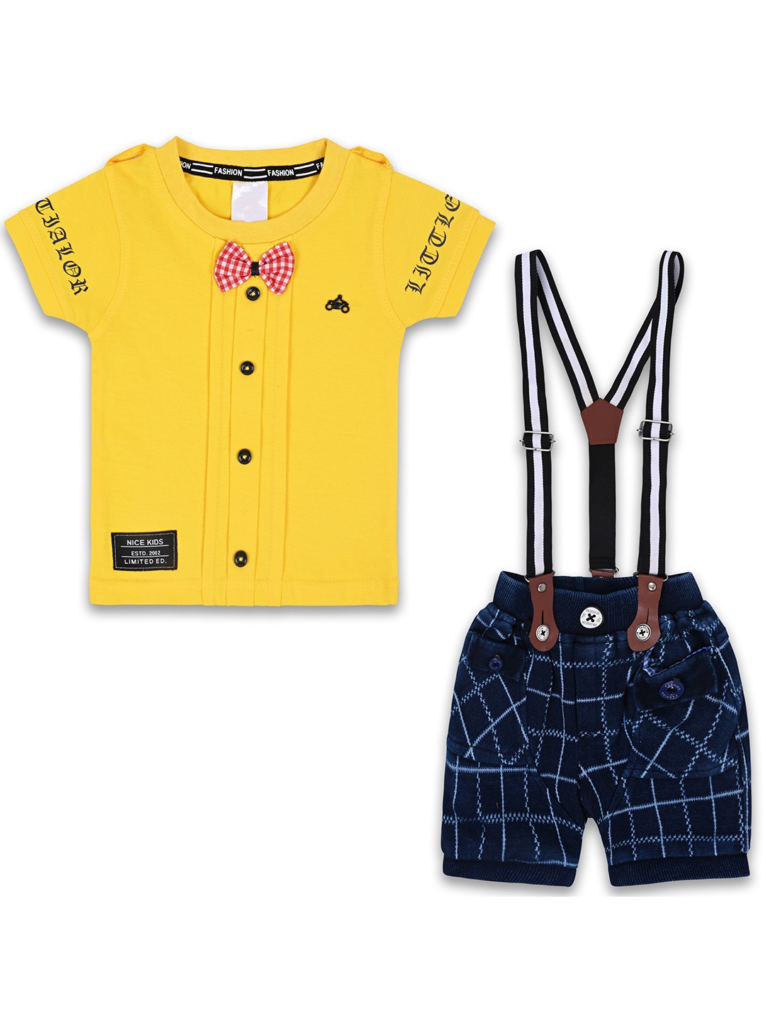 

Wish Karo Infant Boys Bow T-shirt With Checked Shorts & Suspenders, Yellow