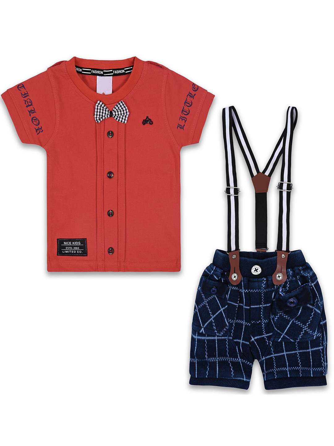 

Wish Karo Boys Printed T-shirt with Shorts & Suspender, Red