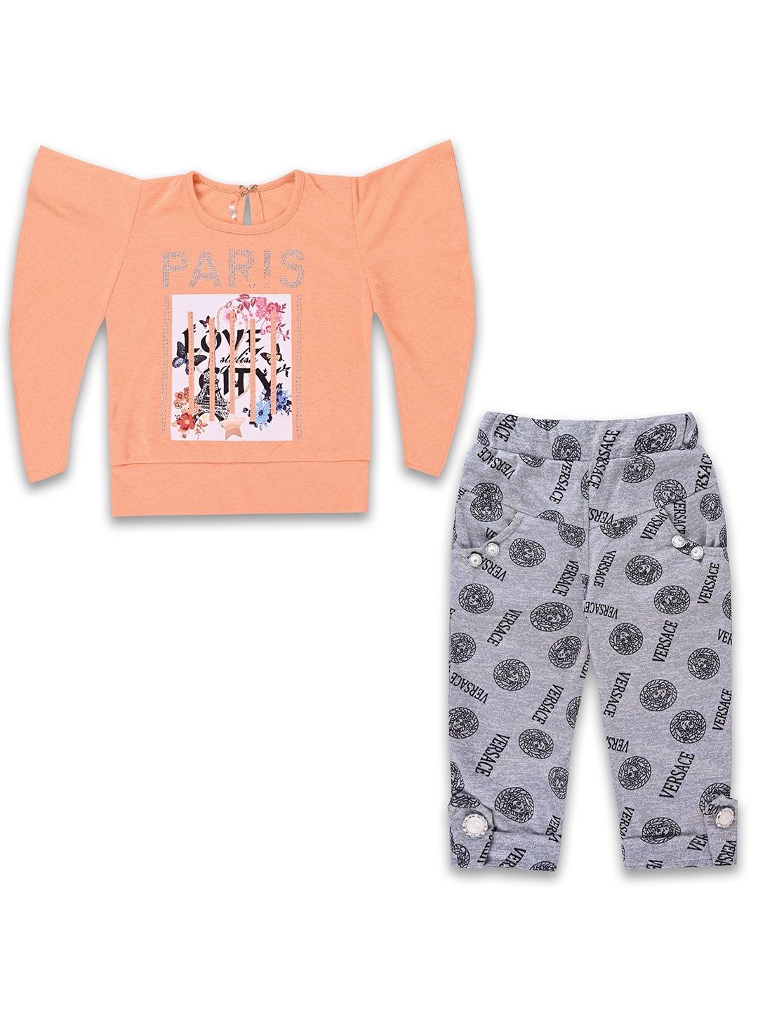 

Wish Karo Girls Graphic Printed Satin Top With Trouser, Peach