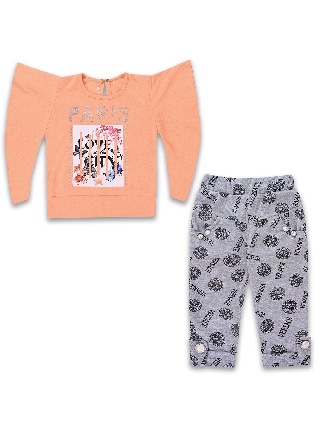 

Wish Karo Girls Graphic Printed Satin Top With Trouser, Peach