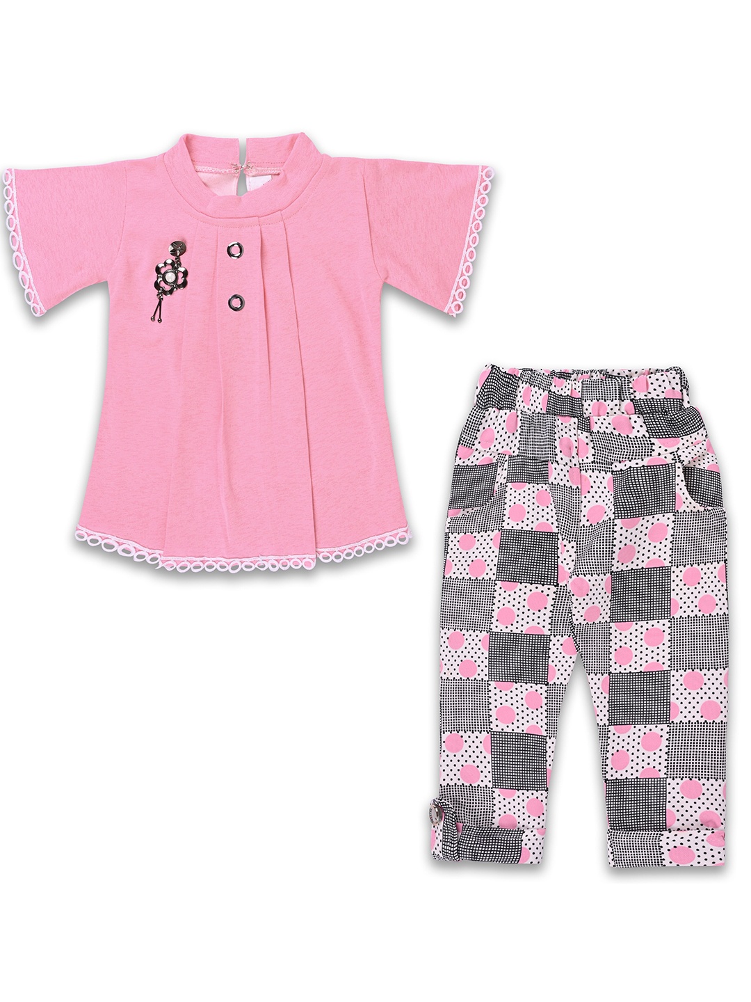 

Wish Karo Girls High Neck Satin Top With Checked Trouser, Pink