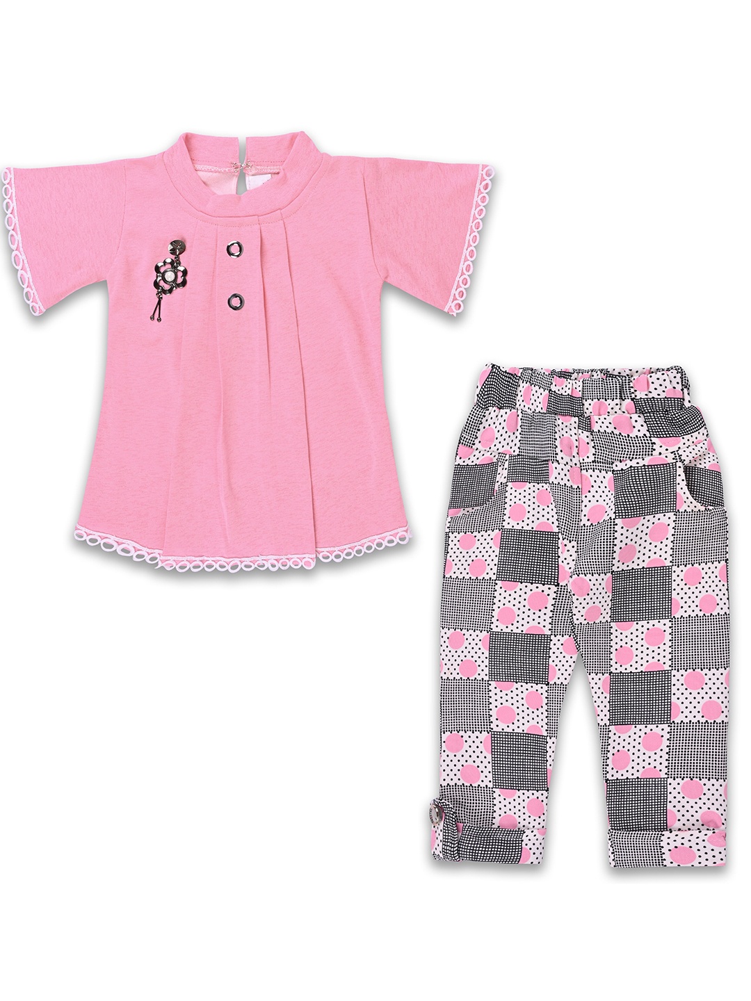 

Wish Karo Girls High Neck Satin Top With Checked Trouser, Pink