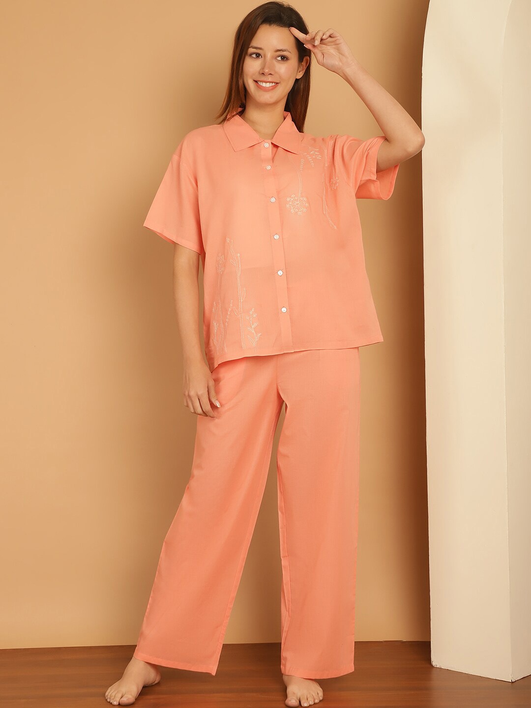 

Kanvin Shirt Collar Pure Cotton Shirt With Pyjamas, Orange