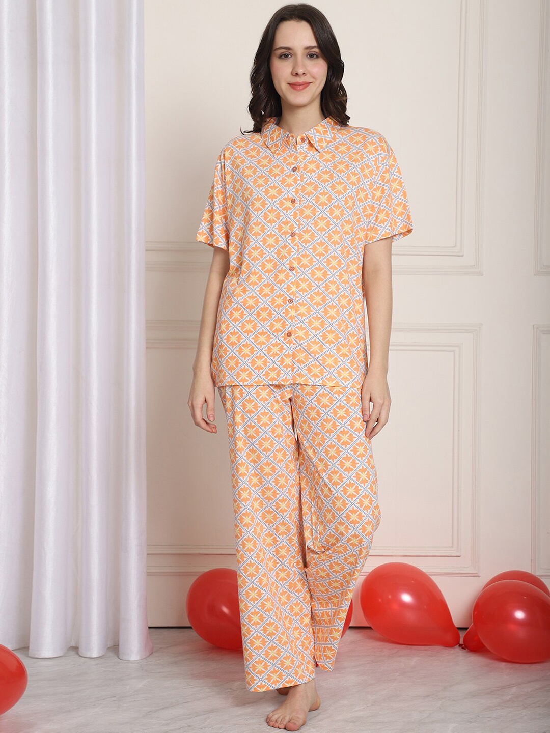 

Kanvin Floral Printed Modal Night suit, Orange