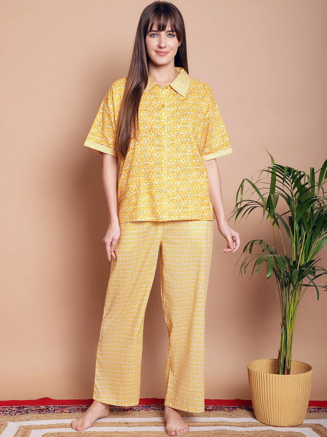 

Kanvin Yellow Floral Printed Shirt Collar Pure Cotton Shirt & Pyjama