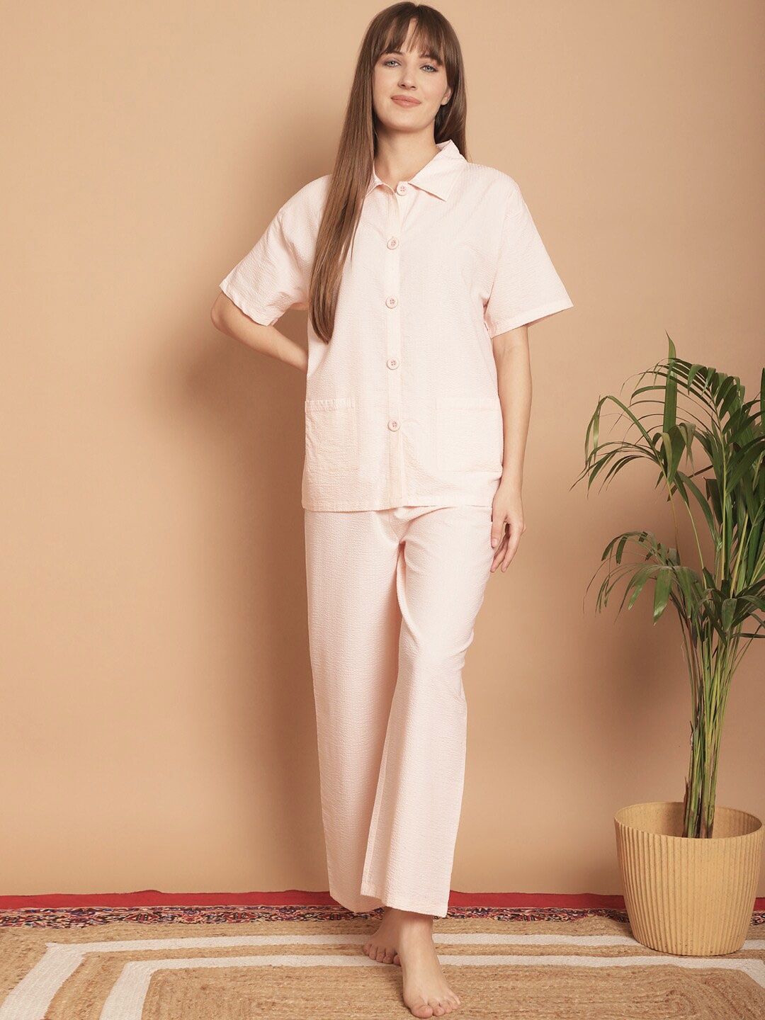 

Kanvin Shirt Collar Pure Cotton Night suit, Peach