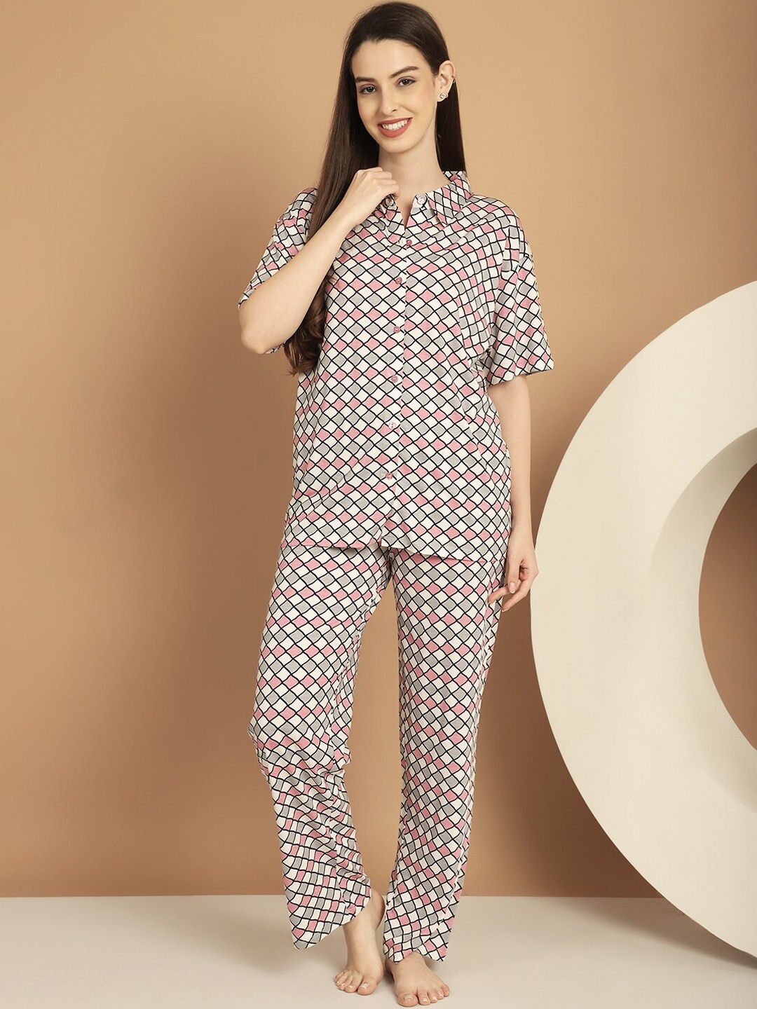 

Kanvin Pink Geometric Printed Shirt Collar Cotton Night suit