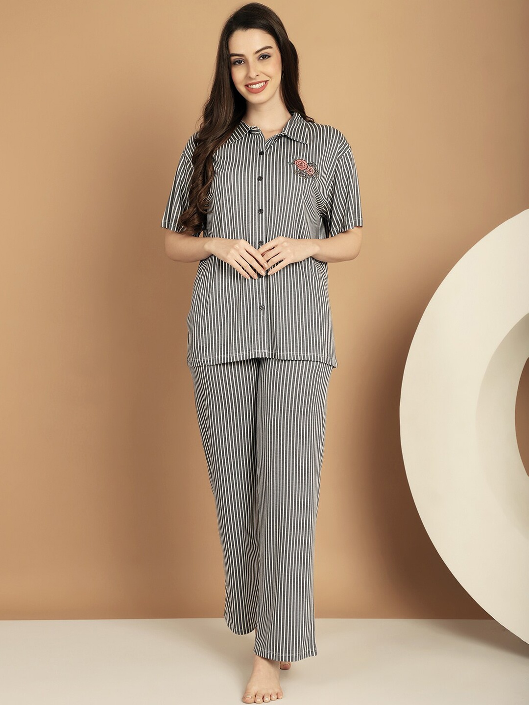 

Kanvin Grey Striped Cotton Night suit