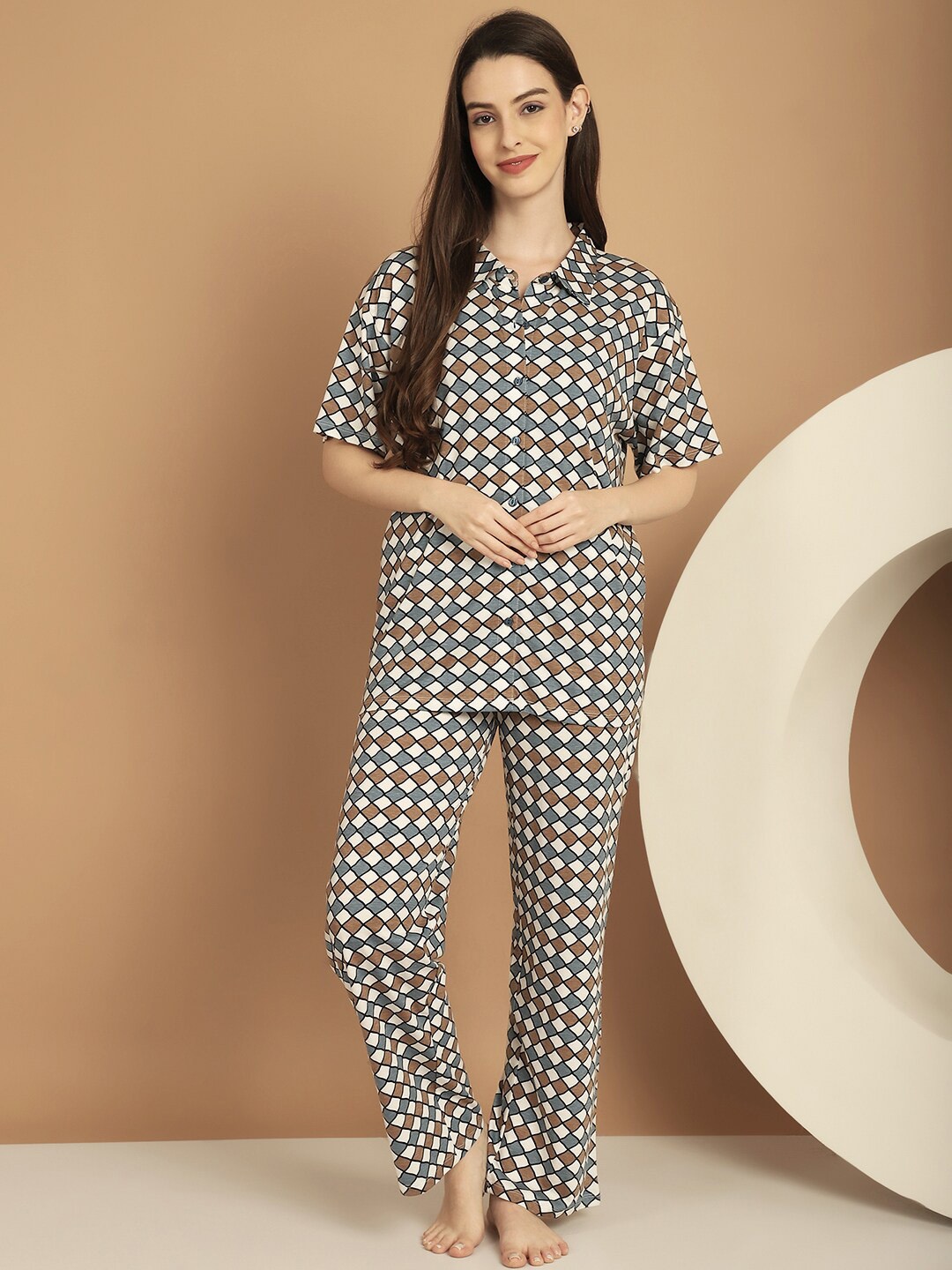 

Kanvin Geometric Printed Shirt Collar Modal Night suit With Inner, Blue
