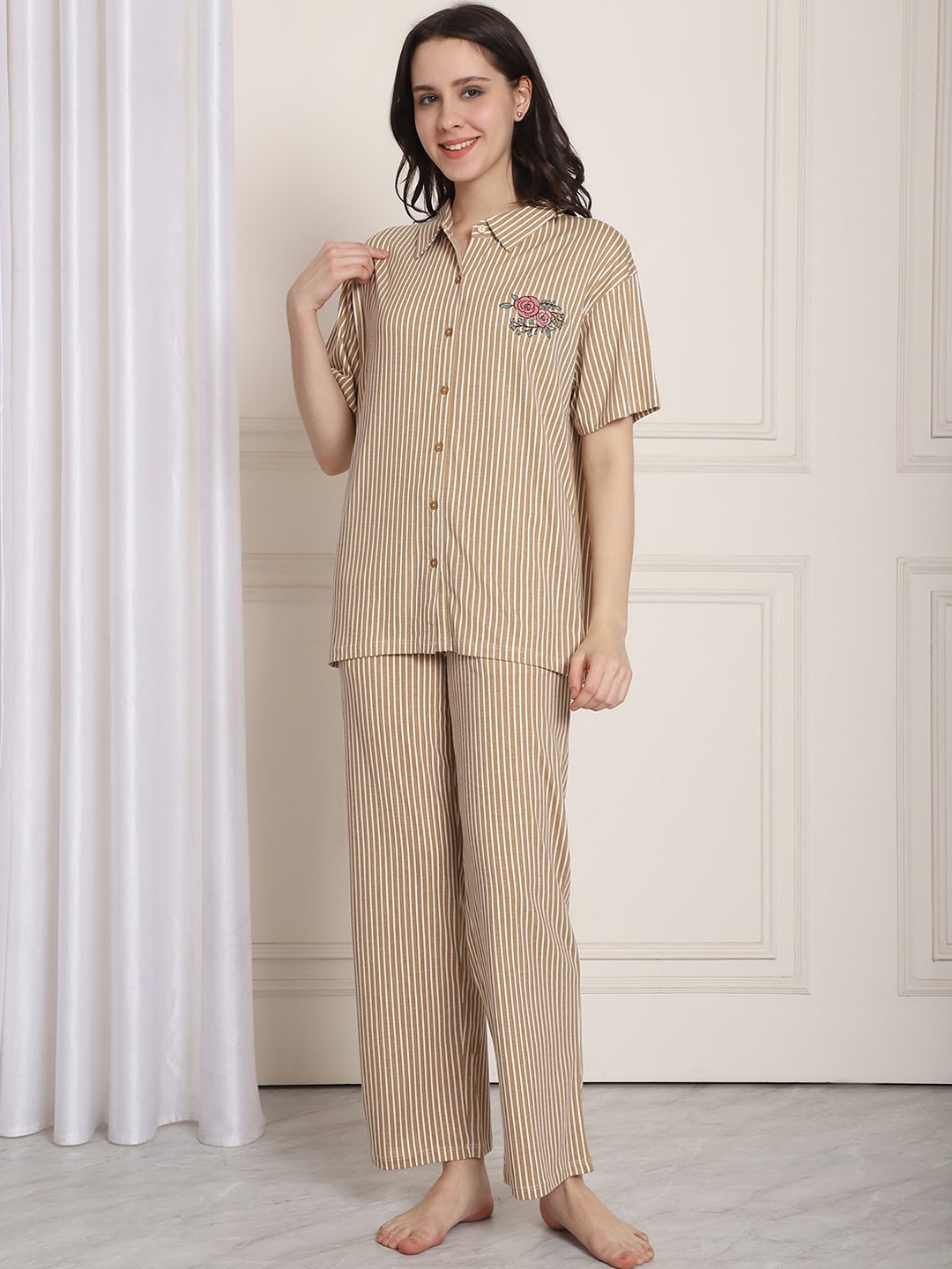 

Kanvin Striped Shirt Collar Short Sleeves Modal Night suit, Gold