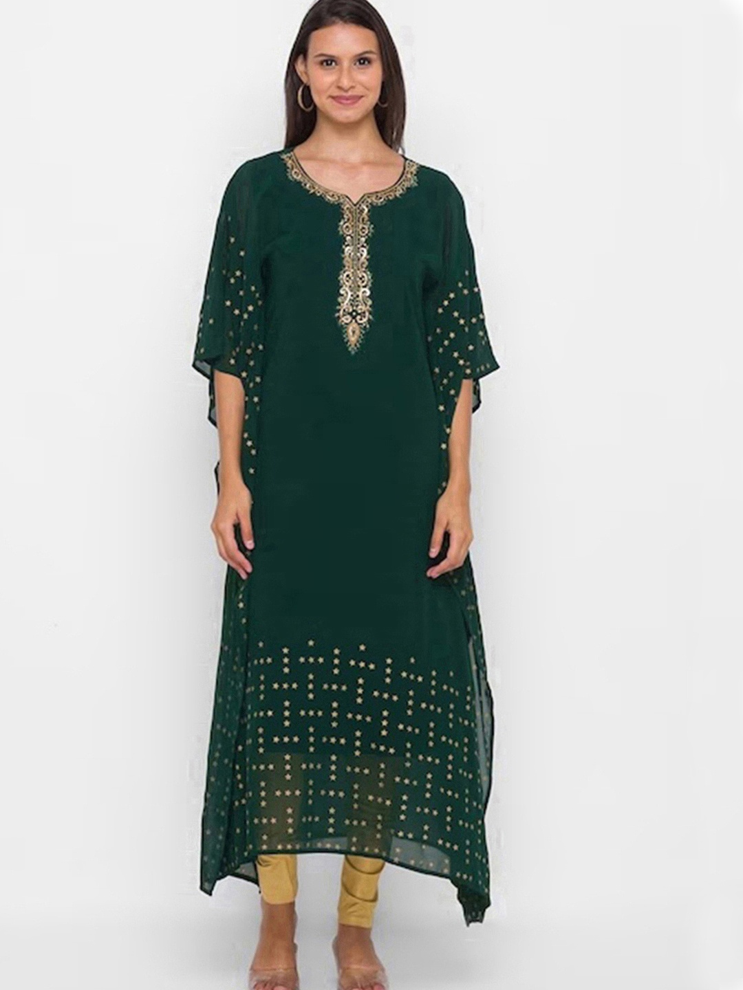 

ZOLA Geometric Printed Extended Sleeves Beads and Stones Georgette Kaftan Kurta, Green