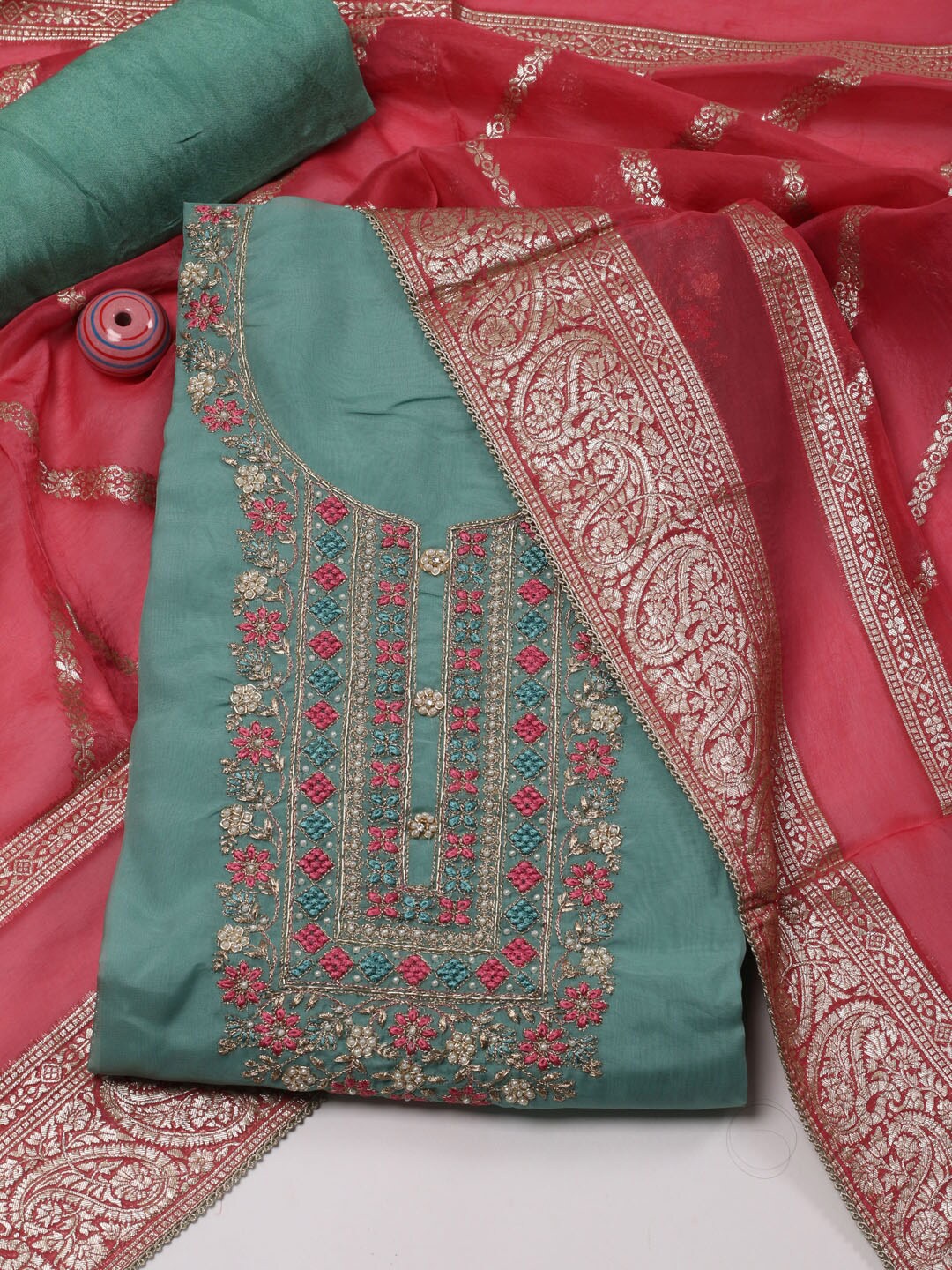 

Meena Bazaar Ethnic Motifs Embroidered Zari Unstitched Dress Material, Sea green