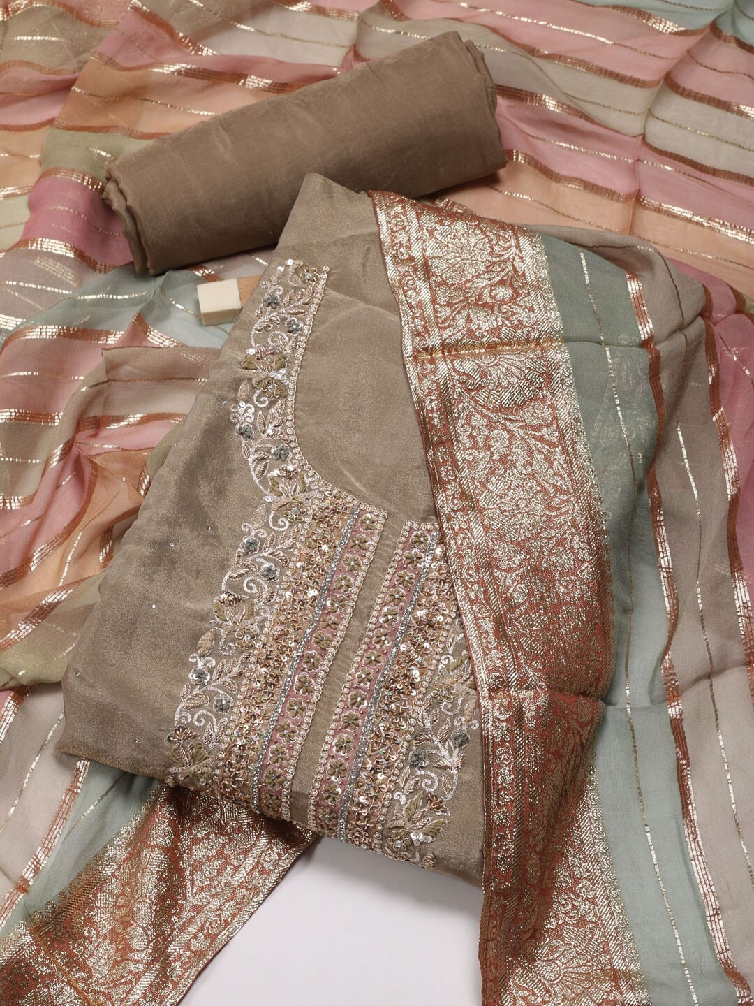 

Meena Bazaar Ethnic Motifs Embroidered Sequinned Unstitched Dress Material, Beige