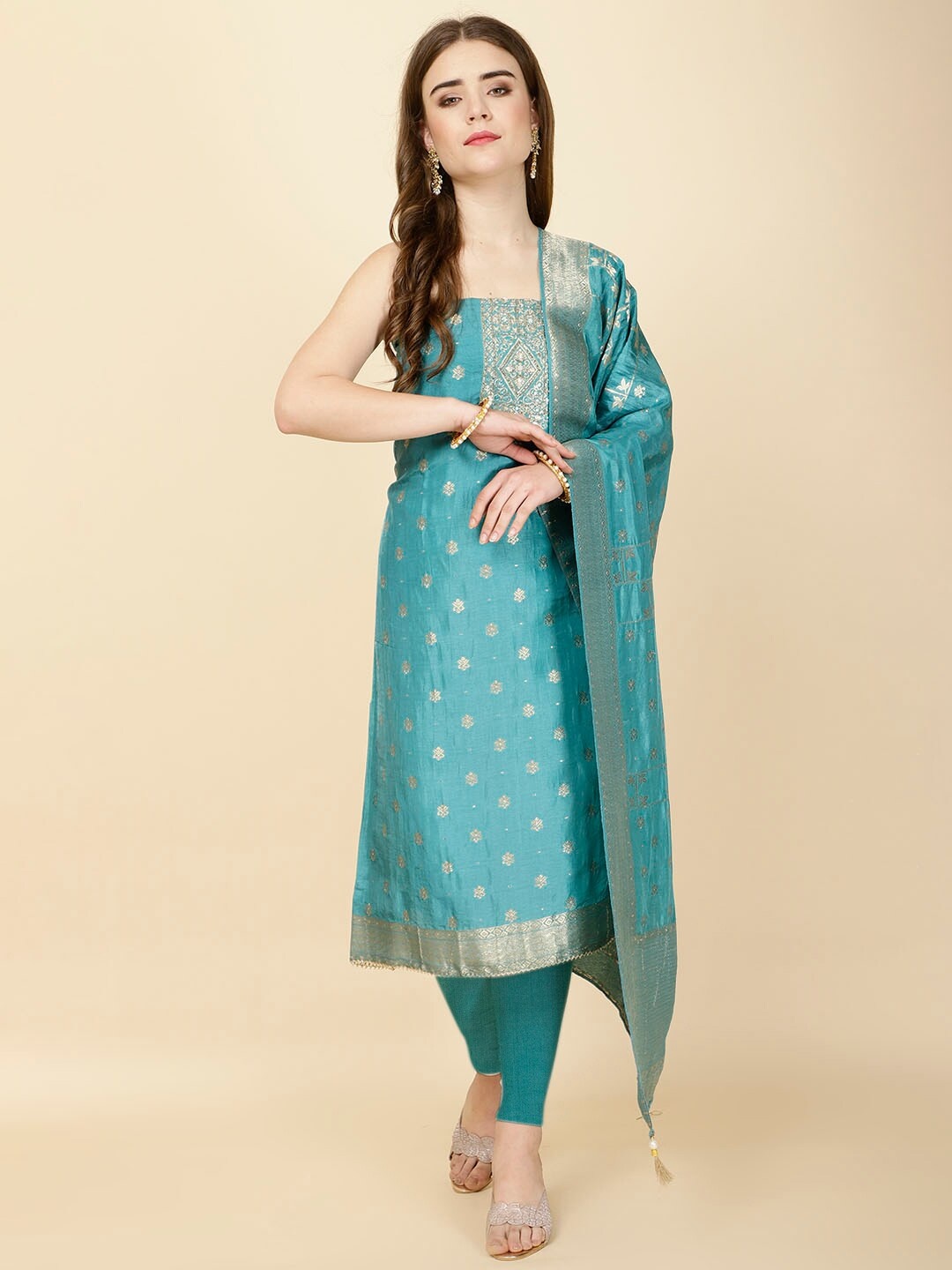 

Meena Bazaar Ethnic Motifs Woven Design Gotta Patti Unstitched Dress Material, Sea green